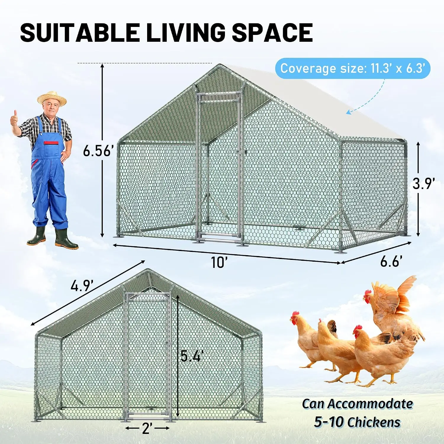 Metal Chicken Coop Walk-in Poultry Cage Hen Rabbit Duck House 10x6.6x6.56ft with Waterproof Cover Outdoor Farm Use, Customized