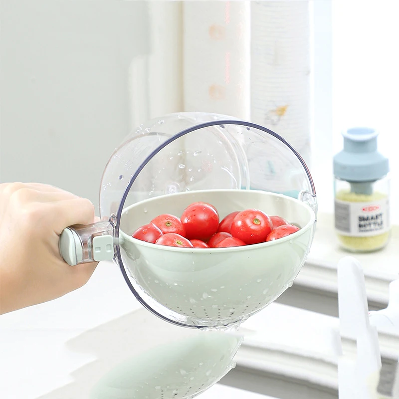 

Double-layer Drain Basket Fruit Vegetable Tray In Living Romm Kitchen with Long Handle for Household Deeper Thicker