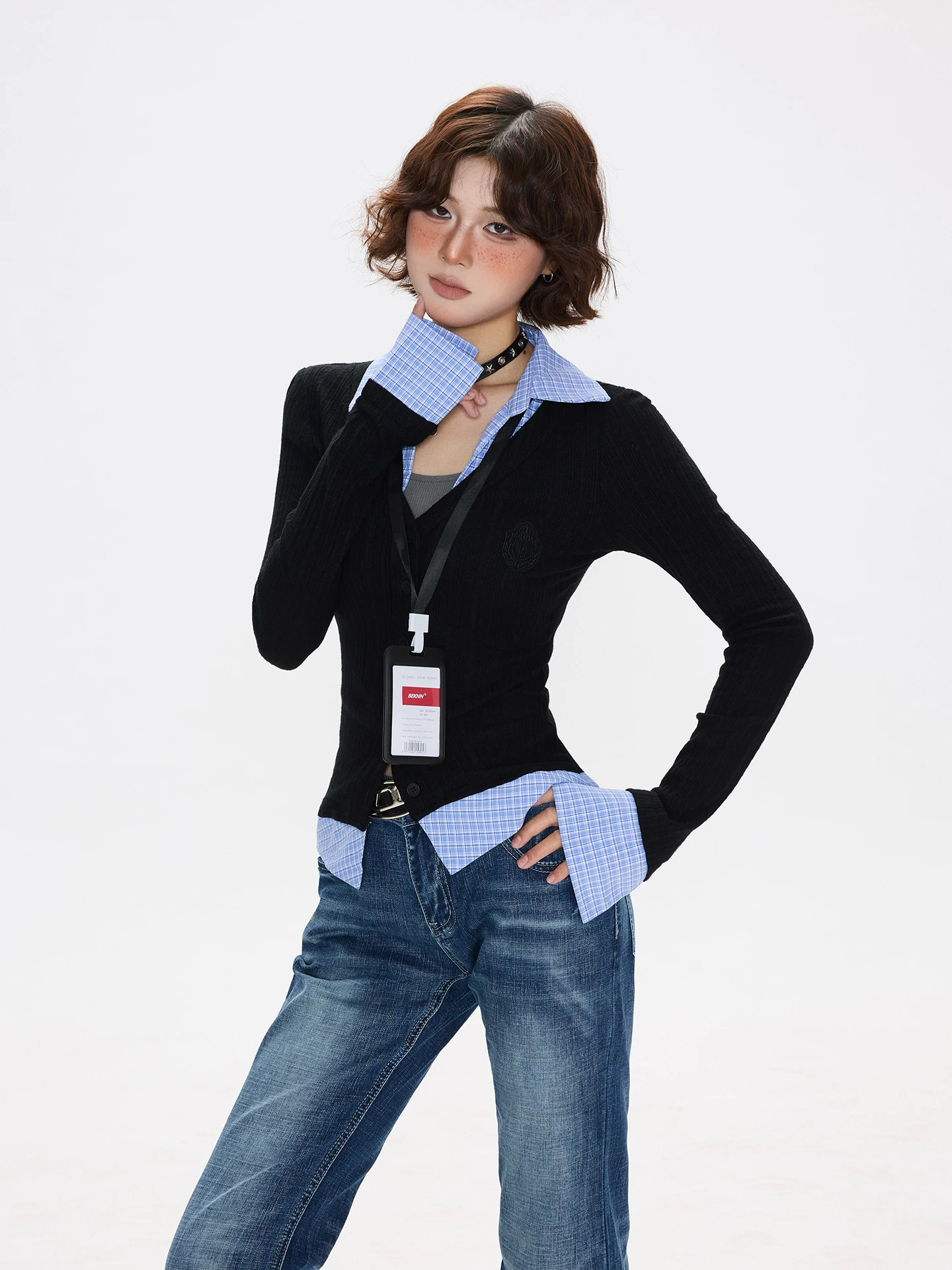 

Chen Zhanlao Store American Retro Plaid Patchwork Knitted Open Cardigan Women's V-ne Spring New Sle Top