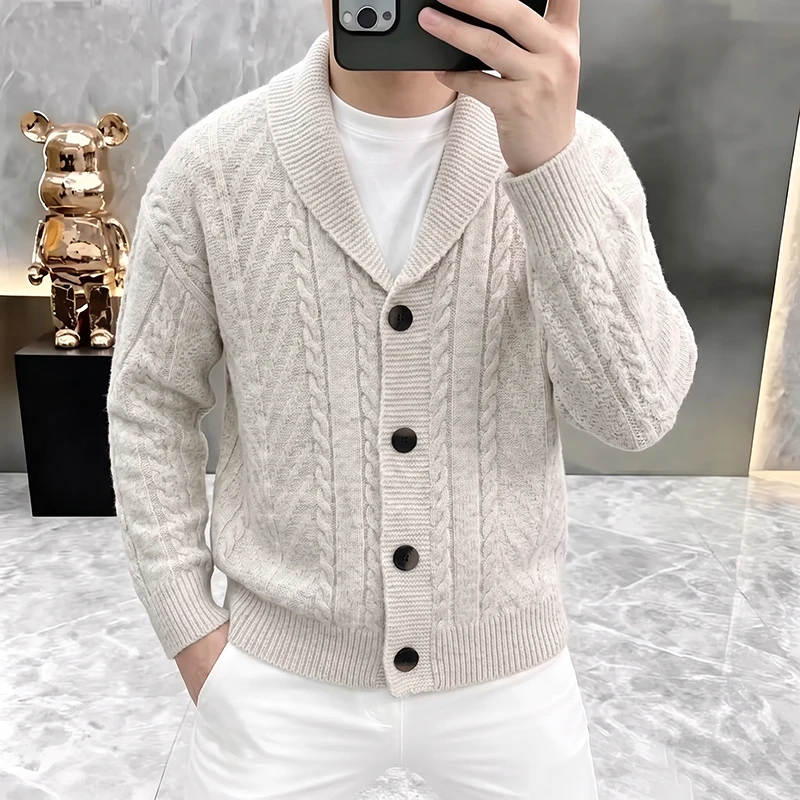 New Men's Knitted Cardigan, Youth Lapels Long Sleeve Coat Men's Sweater Casual, Camel Black Gray Warm Sweater