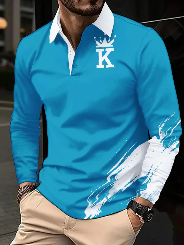 Men Crown Letter K Printed Polo Shirt Casual Button Top Fashion Graphic Tee Outdoor Clothings Oversized Long Sleeve Tunics