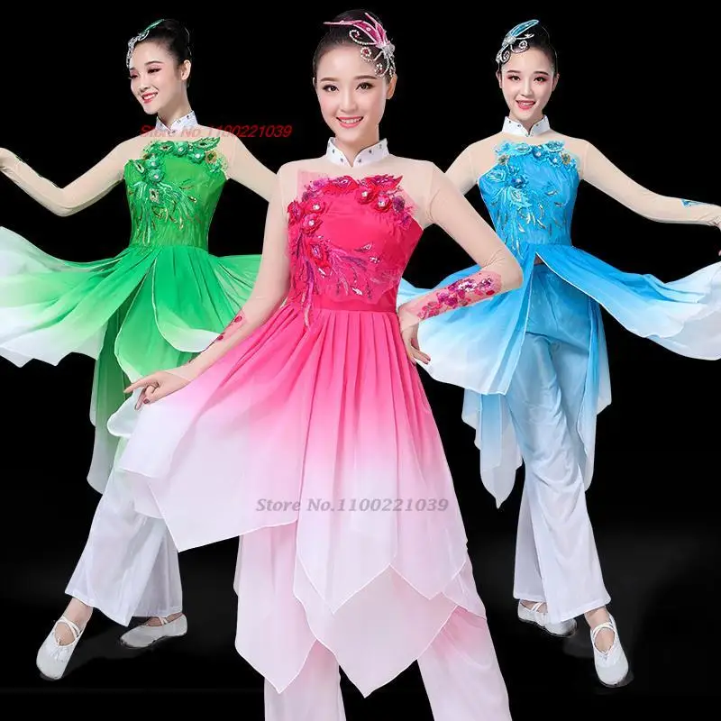 2024 traditional chinese dance costume sequin tops+pants set women retro fairy stage performance dress ancient folk dance suit