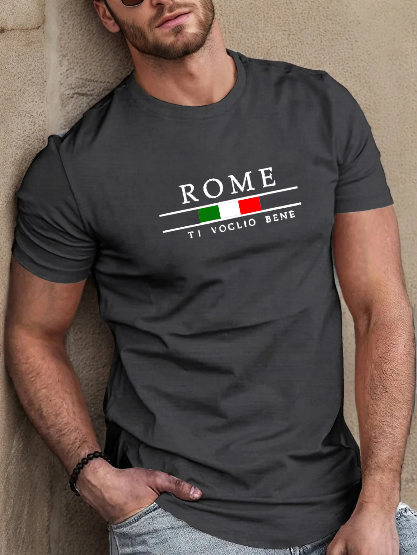 Men's Summer Cotton Fashion Casual Loose Roman Letter Pattern Printed Sporty Round-neck Short-sleeved T-shirt