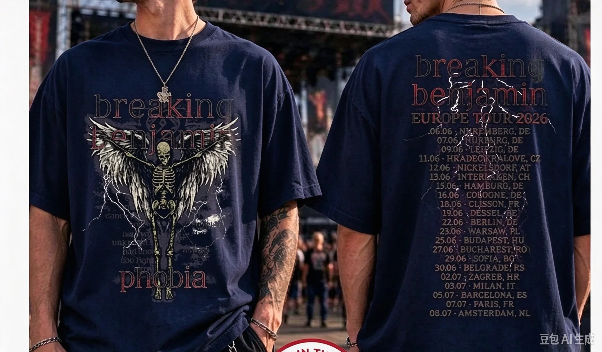 2026 Breaking Benjamin Europe Tour 2026 Double Sided Print T Shirt Winged Skeleton Phobia Album Rock Oversized Tee