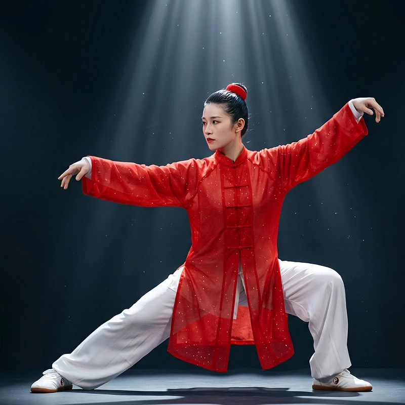 Premium Women's Summer 2026 New Lightweight Breathable Subtle Sparkle Mid-length Chiffon Tai Chi Practice Uniform 3-Piece Set