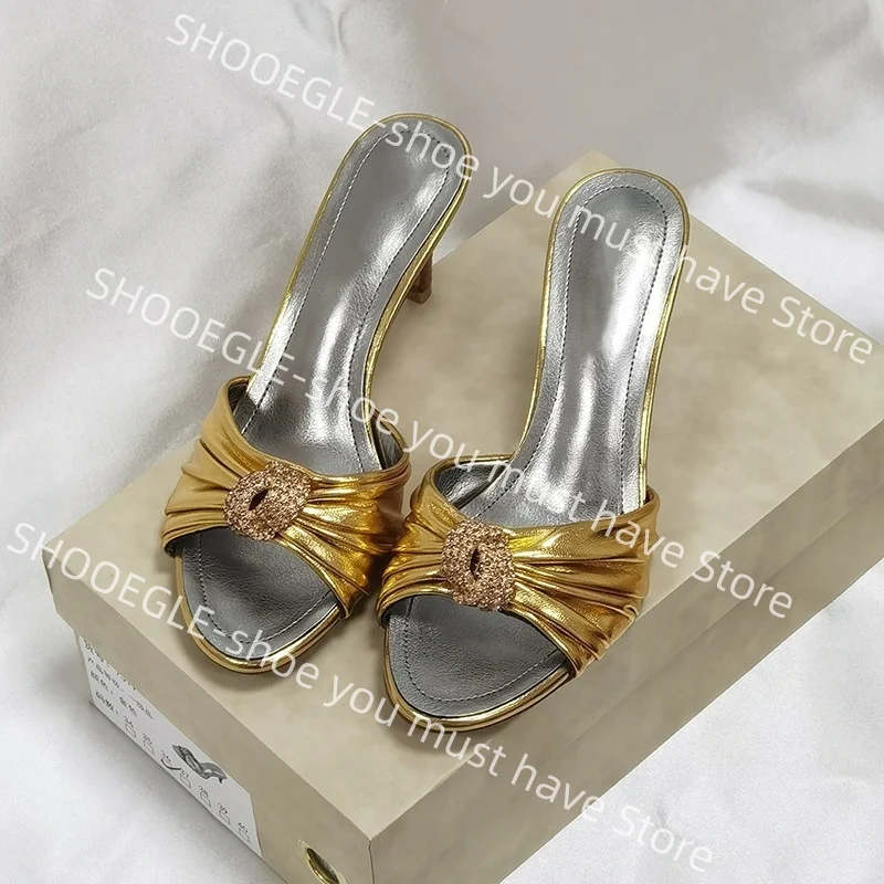 Women's Gold Metallic Open-Toe Kitten Heel Mules Ruched Rhinestone Detail Elegant Retro Luxurious Ladies Daily Office Slippers
