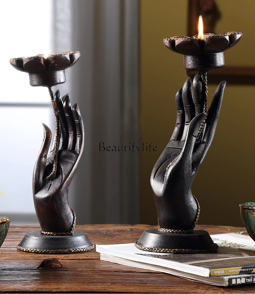 Southeast Asia Wood Carving Candle Buddha Hand Decoration Tea Table Hallway Desktop Ornament