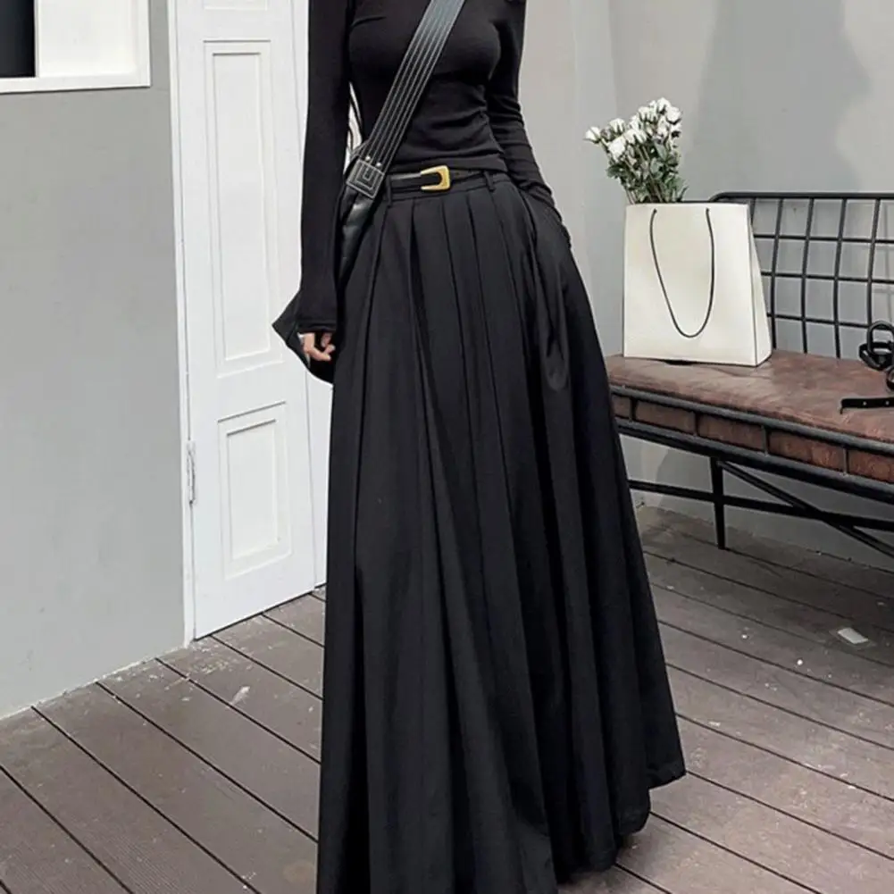 

Long Pleated Skirt Flattering Slim Fit Skirt Elegant A-line Pleated Skirt High-waisted Elastic Waistband Hem Pockets for Women