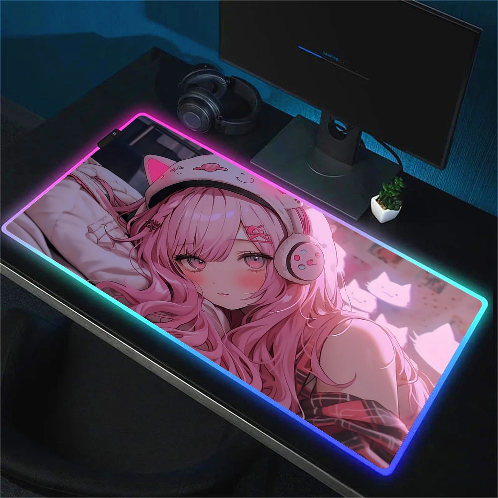 RGB Mouse Pad Non-Slip Rubber Edge Locking Mousepad Game Play Mats Computer With Backlit Desk Mat Anime Girl Kawaii Mouse Mats