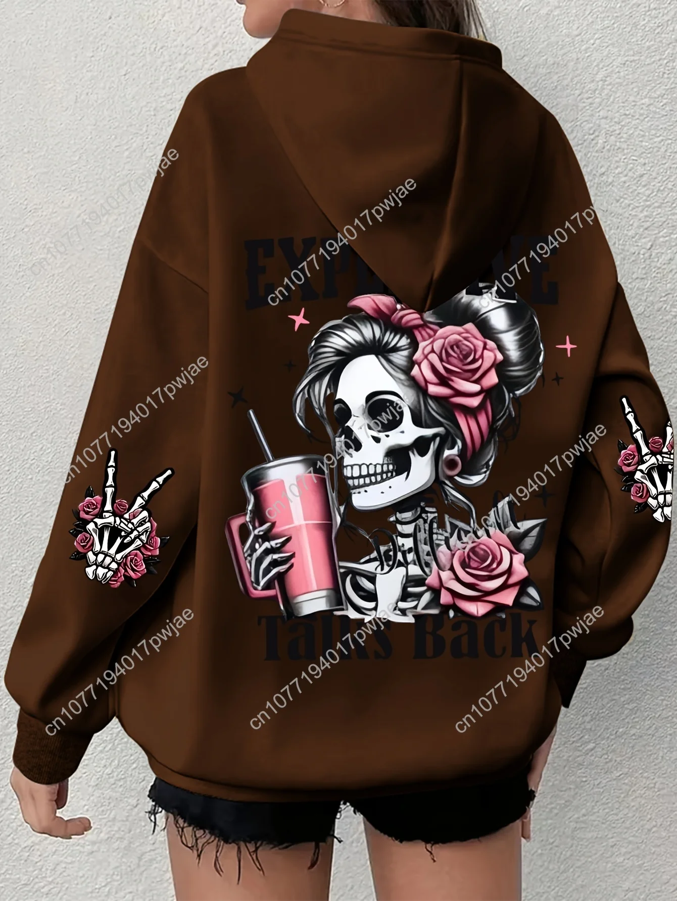 [Roupas femininas] Moletom com capuz plus size com estampa de caveira |   Cordão casual de manga comprida para outono inverno