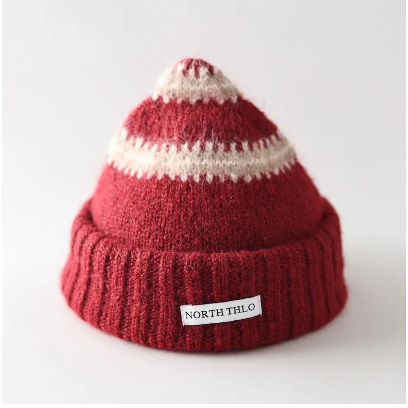 Women Autumn Winter Retro Striped Pointed Beanie Vintage Woven Label Colorblock Pointy Knit Hat Cute Warm Skull Cap