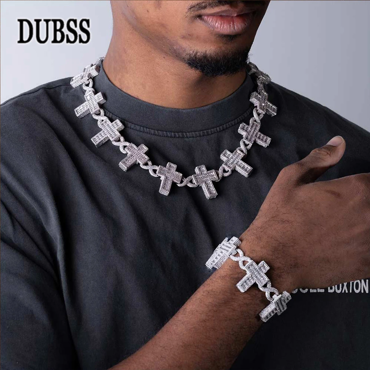 

Dubss Iced Out Infinity Link Bracelet for Men Baguette Cross Real Gold Plated Cubic Zirconia Hip Hop Jewelry