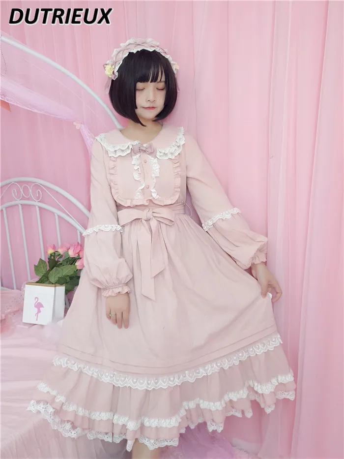 

Spring and Autumn New Original Doll Collar Waist-Slimming Long Dress Sweet Cute Girl Pink Long-Sleeve Bow Tie Maxi Dresses