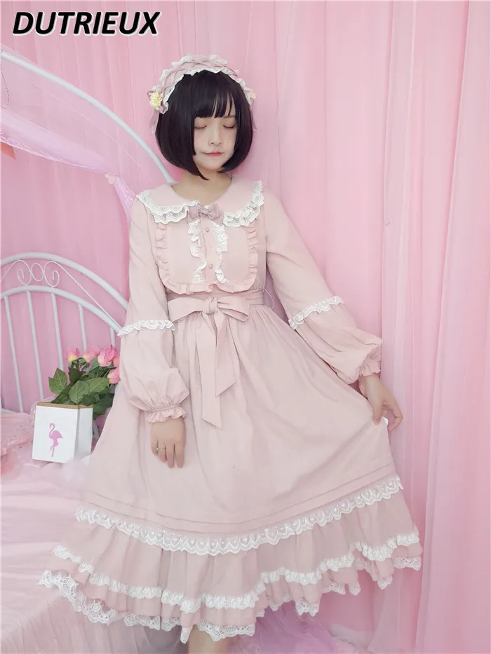 Spring and Autumn New Original Doll Collar Waist-Slimming Long Dress Sweet Cute Girl Pink Long-Sleeve Bow Tie Maxi Dresses