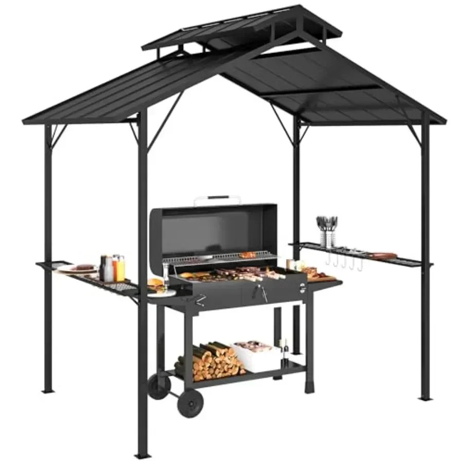 8' x 5' Hardtop Grill Gazebo Outdoor BBQ Gazebo with Double Metal Roof 2 Side Shelves and 10 Hooks Grill  for Patio Backyard La