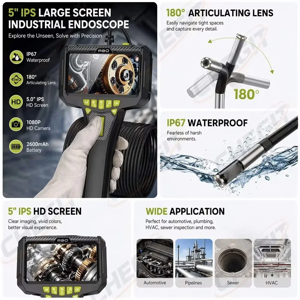 3.9MM/6.0MM Lens 360° Two-way Rotatable Endoscope IP67 5 Inch Screen 1080P HD Endoscope For Repair/Pipeline Detecto With Gift
