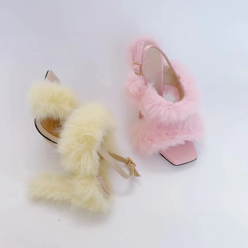 

Candy Light Yellow Pink Fluffy Fur Covered High Heel Sandals Open Toe Back Buckle Strap Slingbacks Slipper Sandalias Zapatos