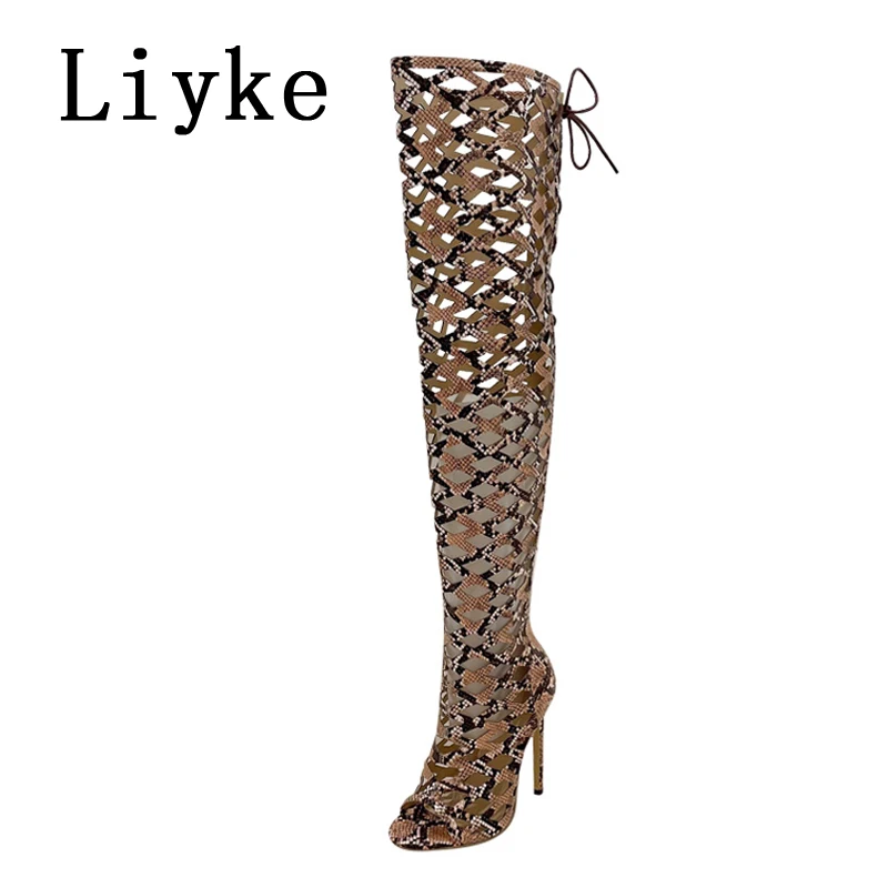 Liyke Sexy Snakes Print Leather Women Hollow Out Thigh High Over The Knee Boots Sandals Fashion Open Toe Zip Lace-Up Heels Shoes