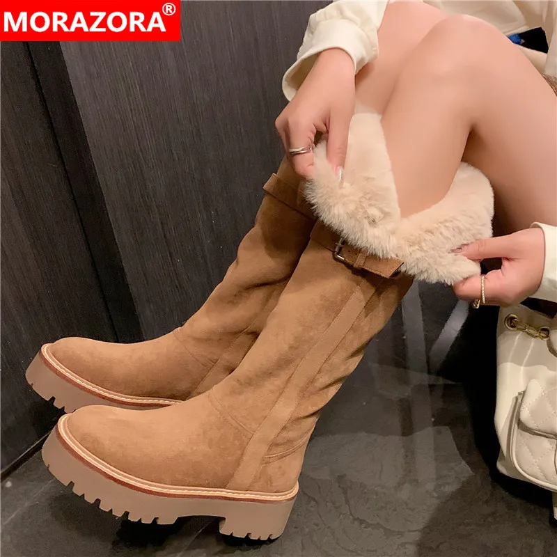 MORAZORA Cow Suede Leather Boots Women Slip On Wool Warm Winter Knee High Boots Handmade Ladies Platform Snow Boots Shoes