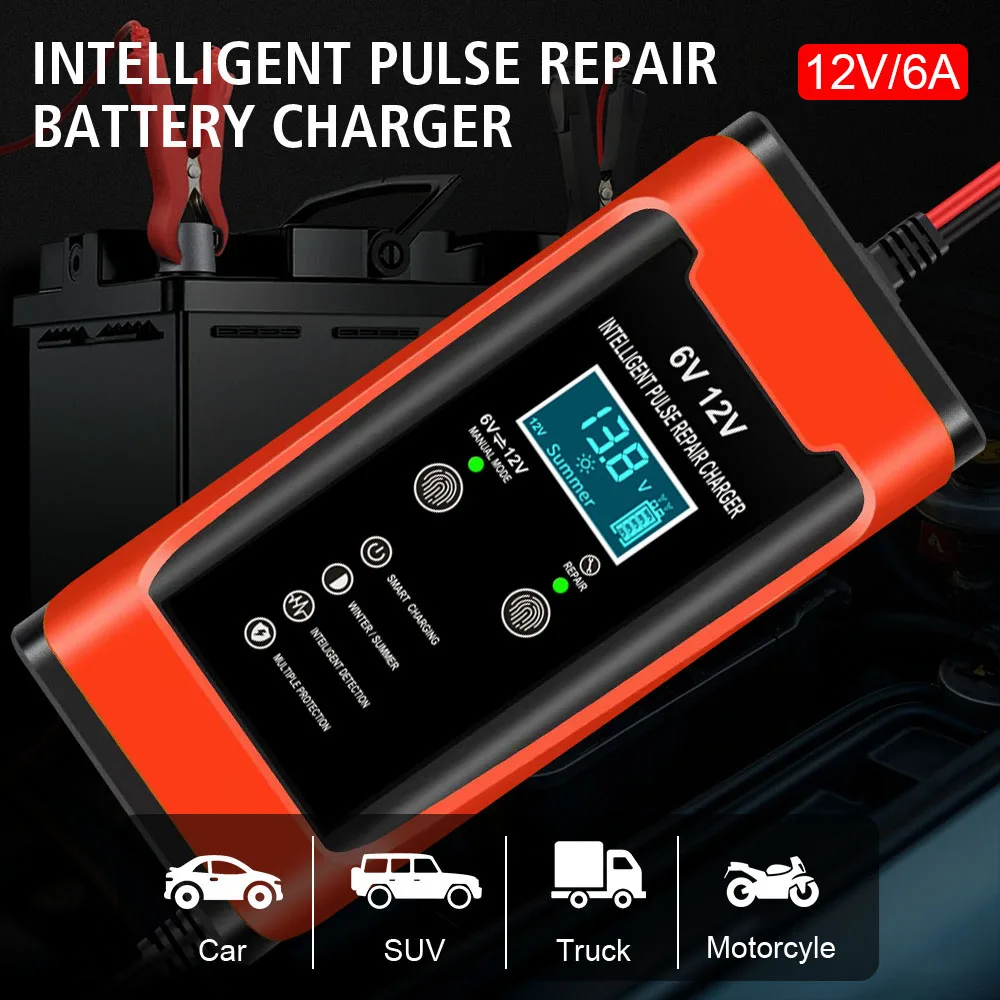 

Импульсный ремонт ЖК-дисплея, универсальное автомобильное зарядное устройство для мотоциклетного аккумулятора, 6 В, 12 В, 6 А, циклическое гелевое свинцово-кислотное зарядное устройство, умная быстрая зарядка