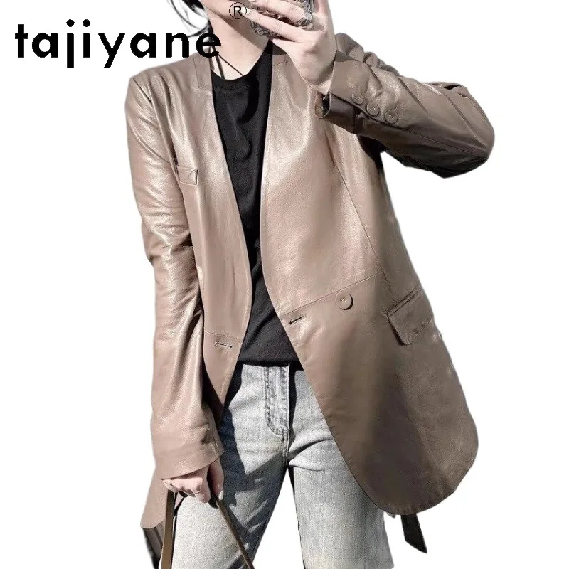 TAJIYANE Sheepskin Genuine Leather Jacket Women V-Neck Blazer Coats Chic Mid-Length Leather Outerwear Slim Fit Blazer Femme 2026