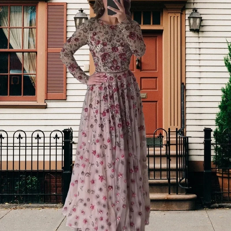 

2025 New Light 3D Flower Long Sleeve Waist Tying Large Hem Dress Women Sexy Fashion Midi Gown