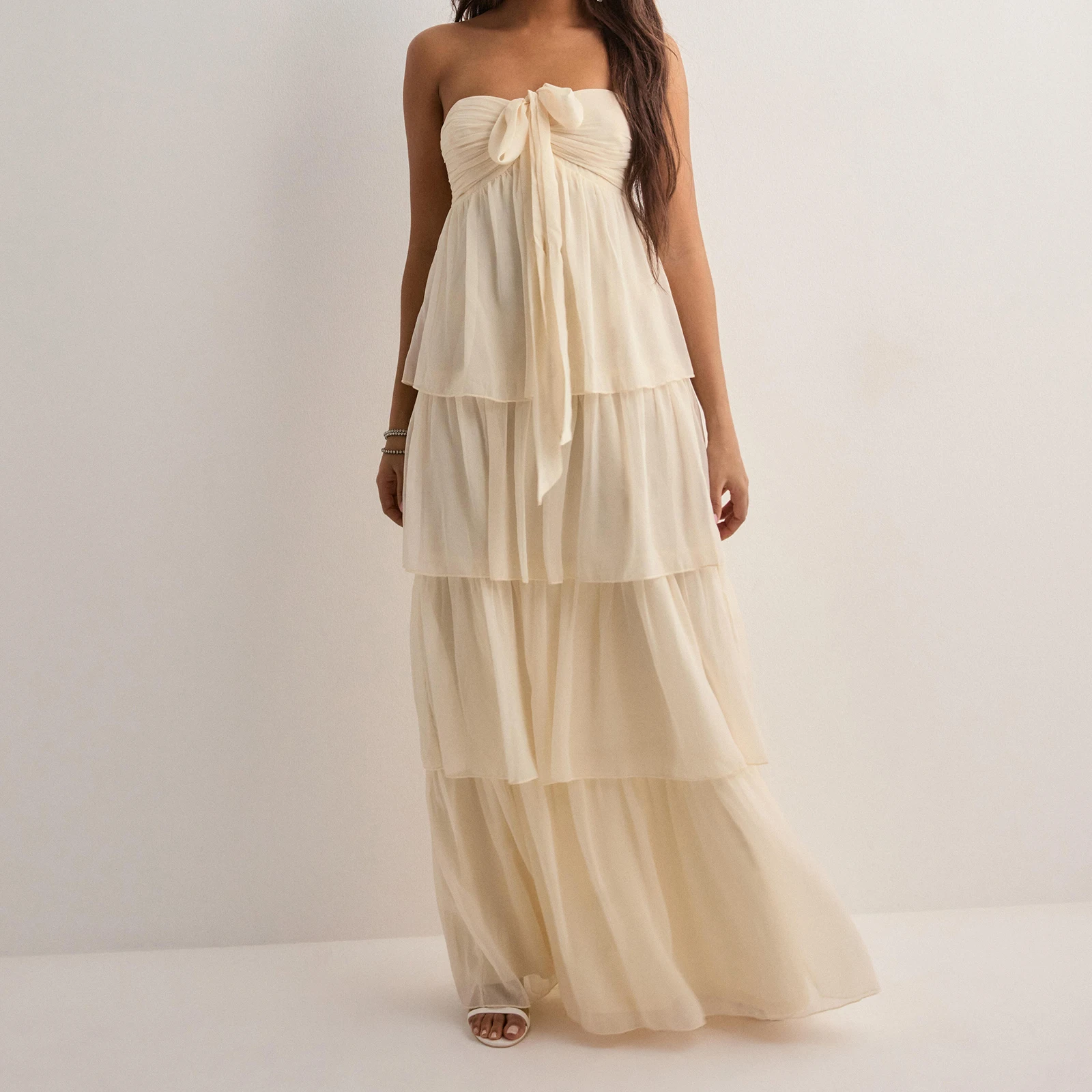 Vestido longo sem alças feminino moda sem mangas em camadas bainha tubo vestido de praia de verão