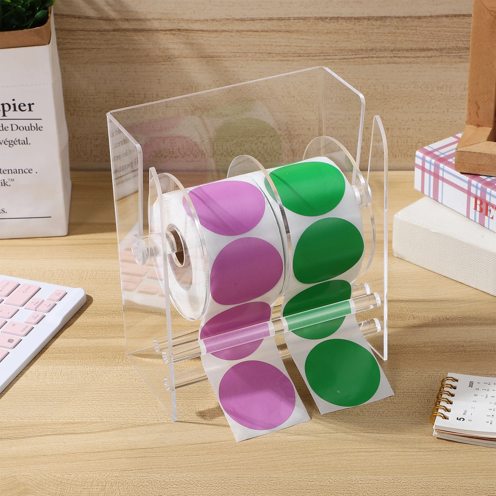 موزع ملصقات قابل للتعديل من الأكريليك الشفاف لفات الملصقات، حامل ملصقات فعال لسطح المكتب لأداة تنظيم المنزل والمكتب #2
