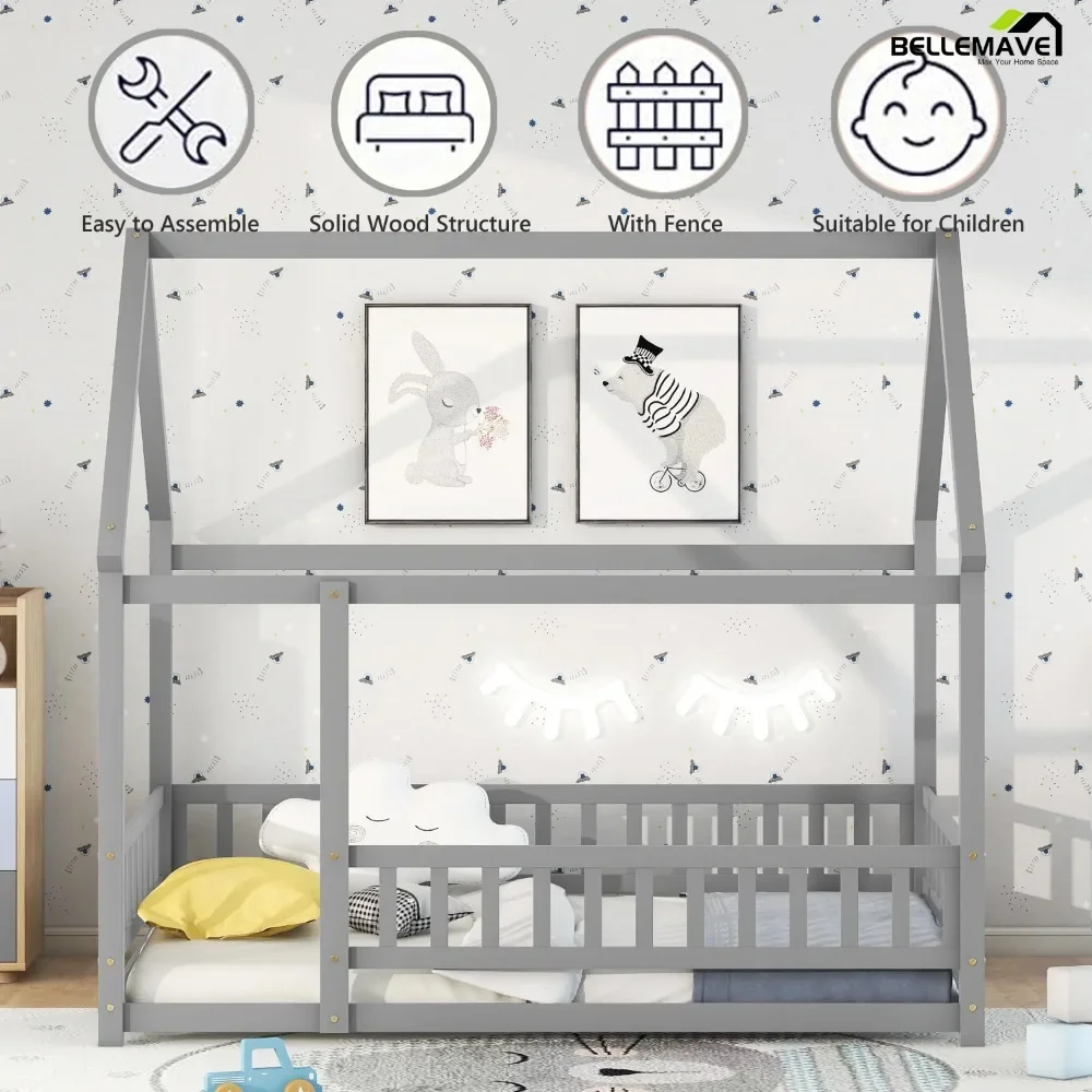 

Modern Full Floor Bed for Kids, Wood Full Size House Bed Frame with Fence, Montessori Toddler Beds for Kids Girls Boys Teens