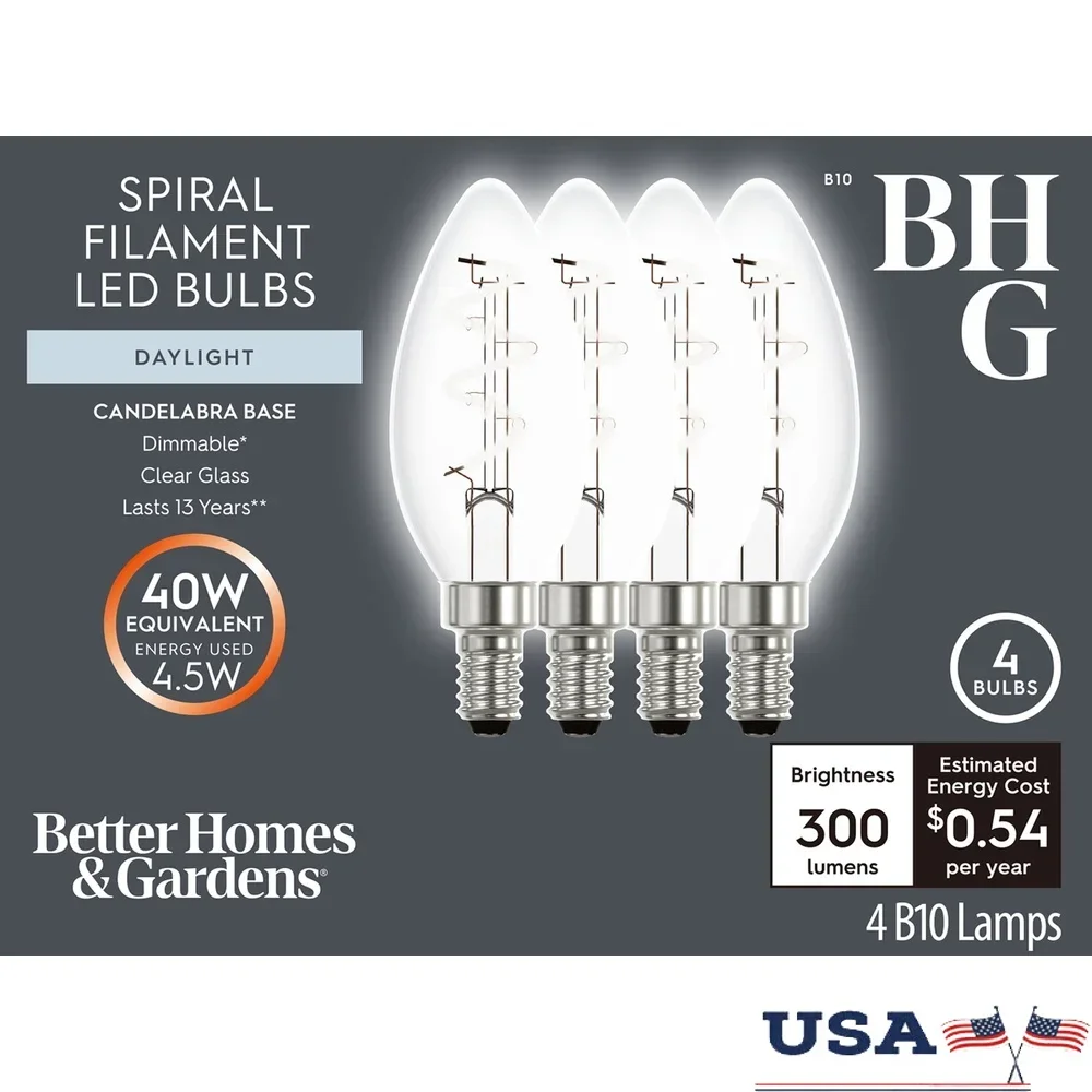 Bombilla de vela LED regulable 4,5 W 40 W equivalente E12 Base de candelabro brillo de luz diurna 300 lúmenes paquete de 4 iluminación para el hogar