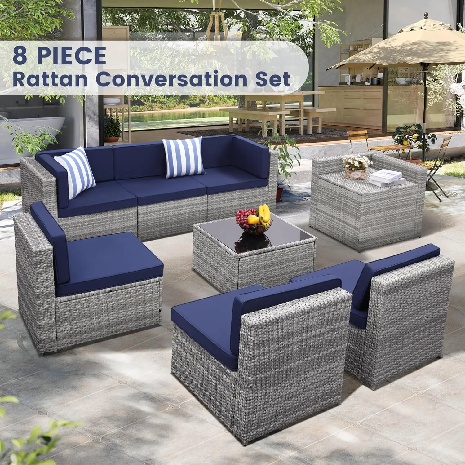 8 Pieces Outdoor Wicker Rattan Patio Furniture Sectional Set Glass Top Table with Hidden Storage 7 Sofa Sections Oversized