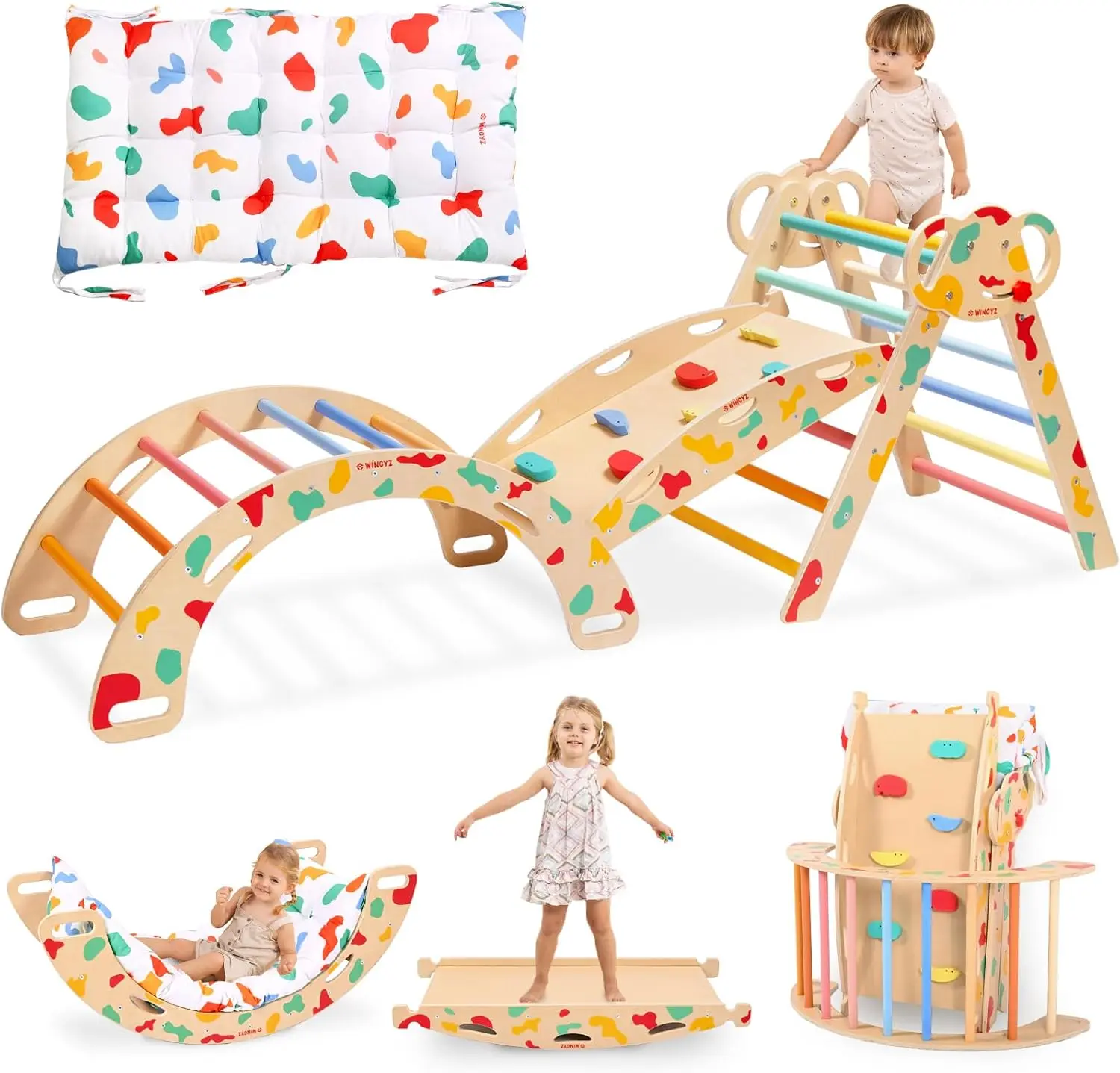 Pikler Triangle Set, Montessori Foldable 8-in-1 Jungle Gym & Reversible Animal Slide, Patent-Protected Climbing Set, Safe