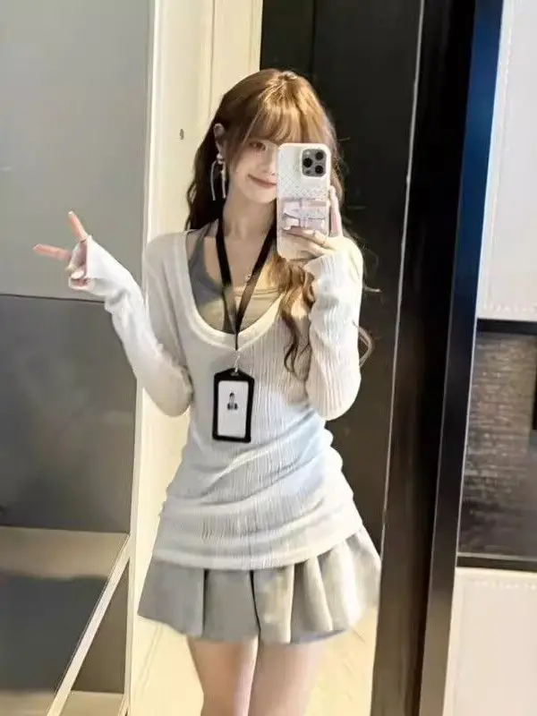

Korean Style Lazy Summer 2026 High-End White Cover-Up Vest Skirt Set Women's Fashion Set High Waist Slim Fit V-Neck Long Sleeve