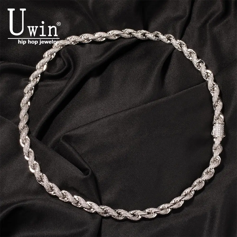 Uwin Iced Out 8mm Thick Twisted Rope Chain Necklace Full Paved 5A Cubic Zirconia Bracelet Choker Men Women HipHop Jewelry
