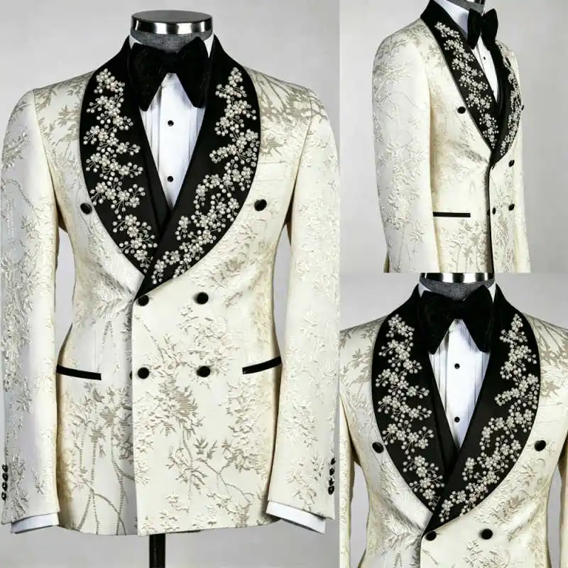 

Elegant Floral Embroidery & Pearl Accent Men's Blazer Coat Double-Breasted Formal Outerwear for Luxury Gala Events Customized