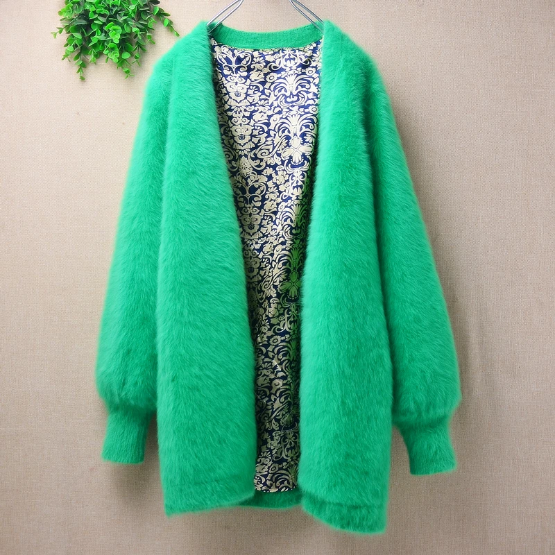 Ladies Women Autumn Winter Green Hairy Mink Cashmere Knitted Long Lantern Sleeves Slim Cardigans Sweater Jacket Mantle Pull Top