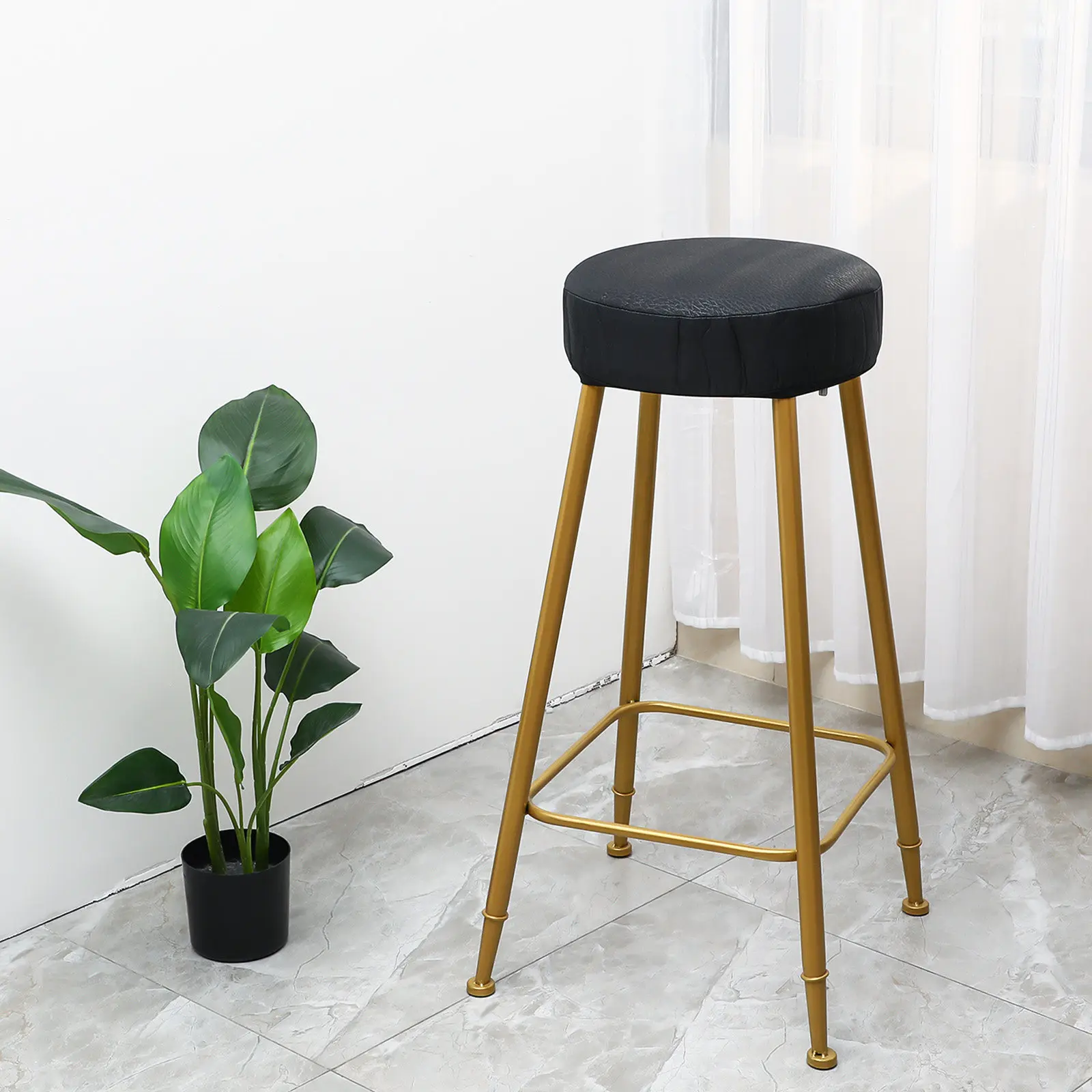 Black Round Stool Cover Thick Elastic Cushion Seat Cover Slip-Resistant Protector for Bar Cafe Office Dining Home