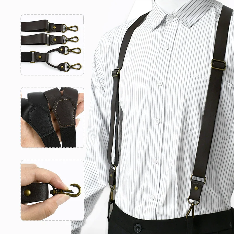 

1Pc 25mm Adult Leather Suspenders for Men Braces 4 Clips Hooks Elastic Adjust Strap Man Harness Jockstrap Pants Men's Suspender