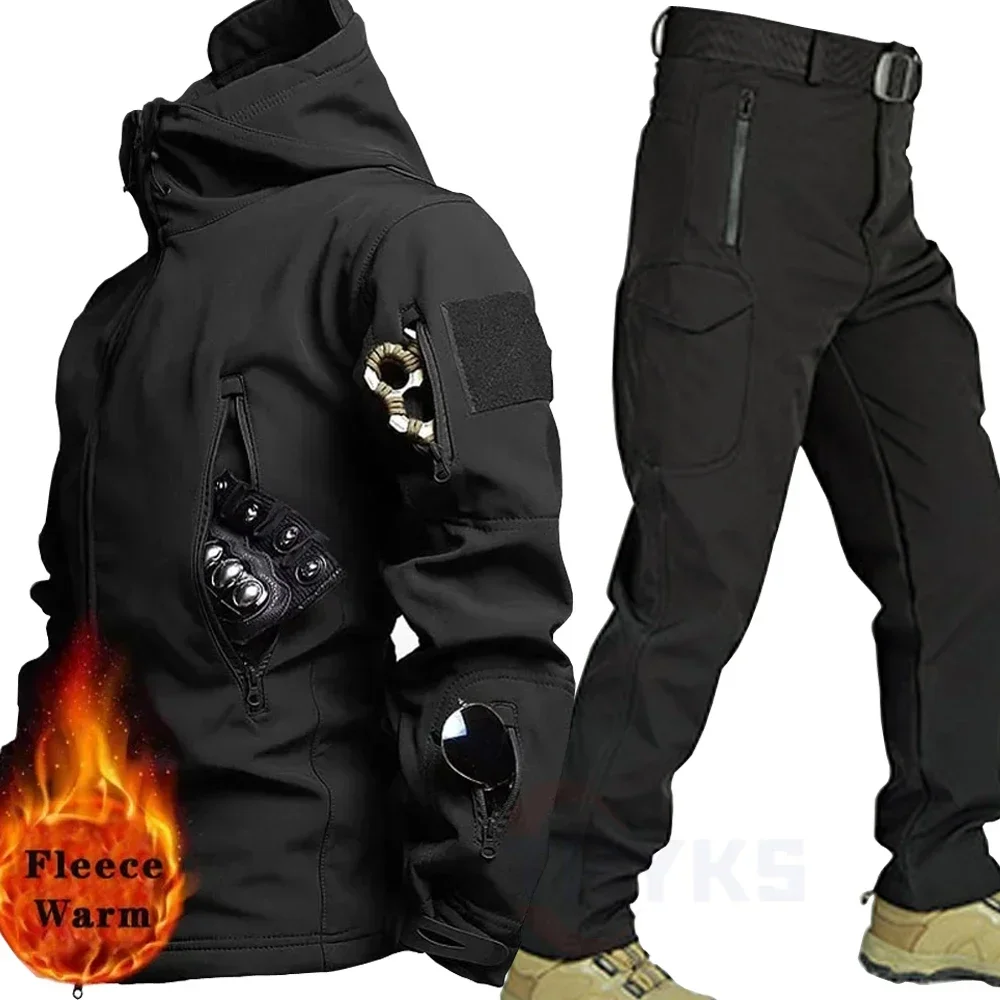 Sharkskin Sets Men Winter Work Pants 2 Pcs Set Outdoor Waterproof Tactical Suit Camo Mutli Pocket Combat Jacket Fishing