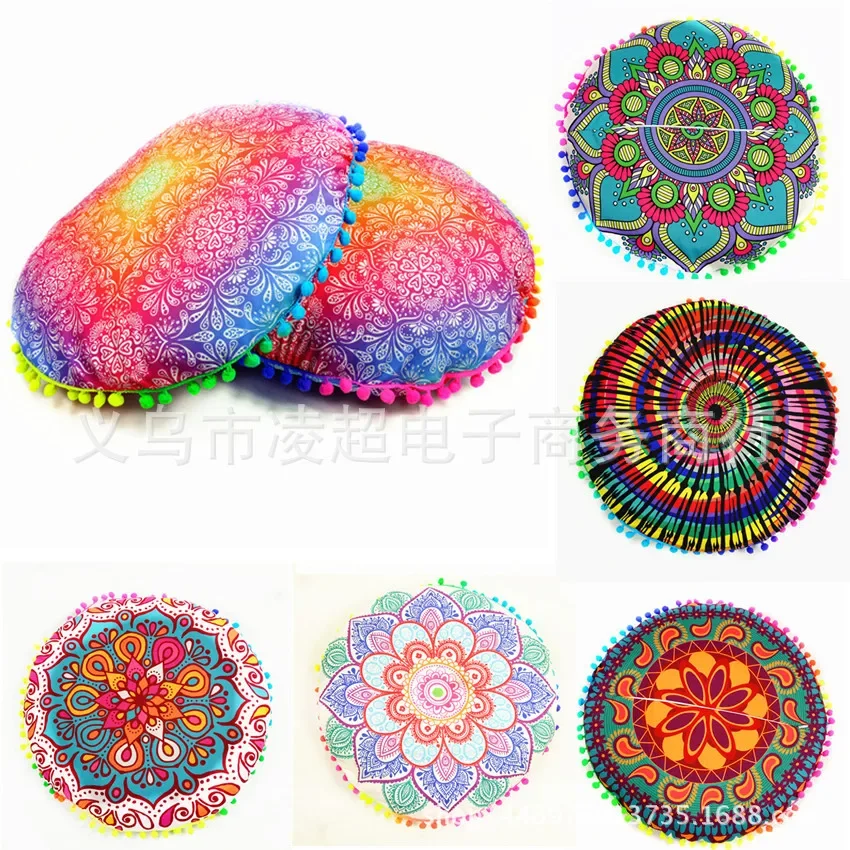 Round Mandala Cushion Cover Floor Pillow Case Cover Indian Bohemian Cushion Cover Poufs Decorative Boho Style Pillowcase