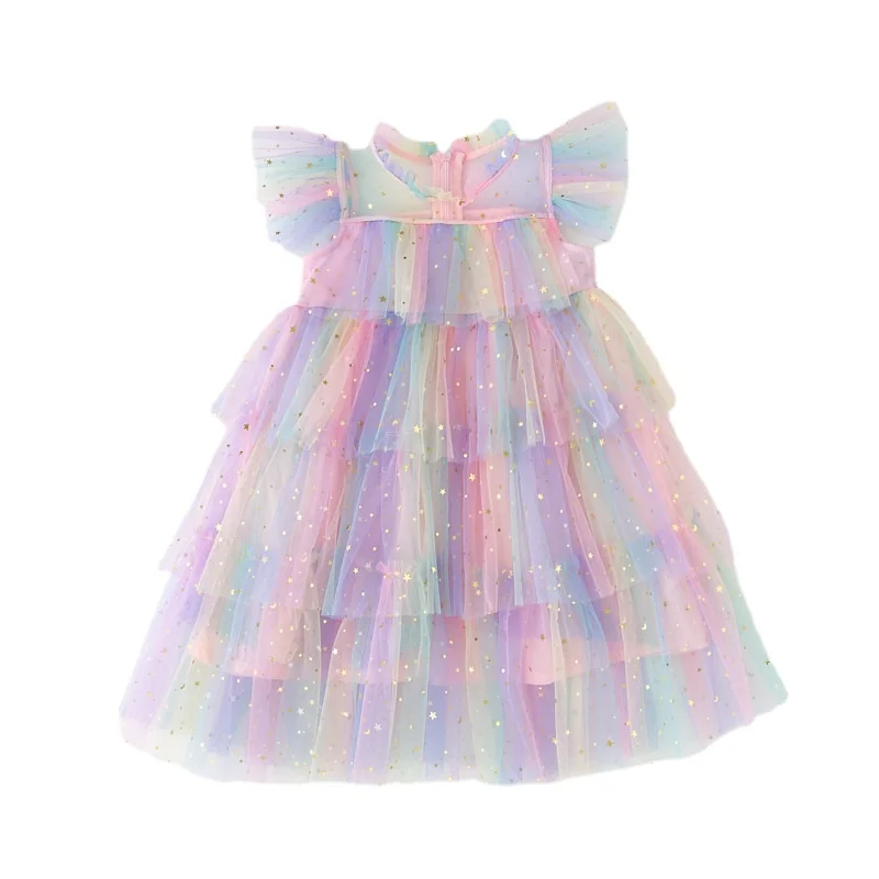 Girls Dresses Summer Flare Sleeves Birthday Party Princess Dress Rainbow Kids Sundress Dresses for 1 - 11Y Gilr Clothes CC091