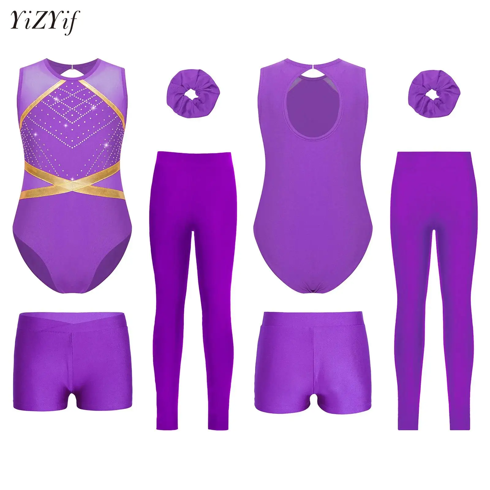 

Kids Girls Ballet Jersey Unitard Dancewear Set Artistic Figure Skating Costume Gymnastics Leotard with Shorts Leggings Hair Band