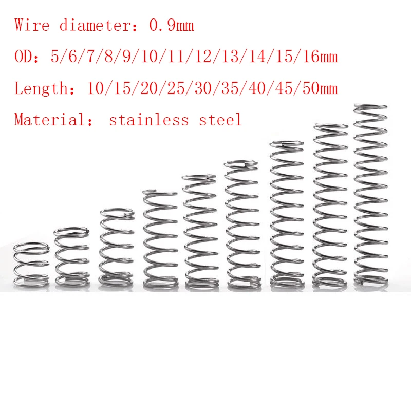 10pcs/Lot 0.9mm Stainless Steel Micro Small Compression Spring OD 5/6/7/8/9/10/11/12/13/14/15/16mm Length 5mm to 50mm