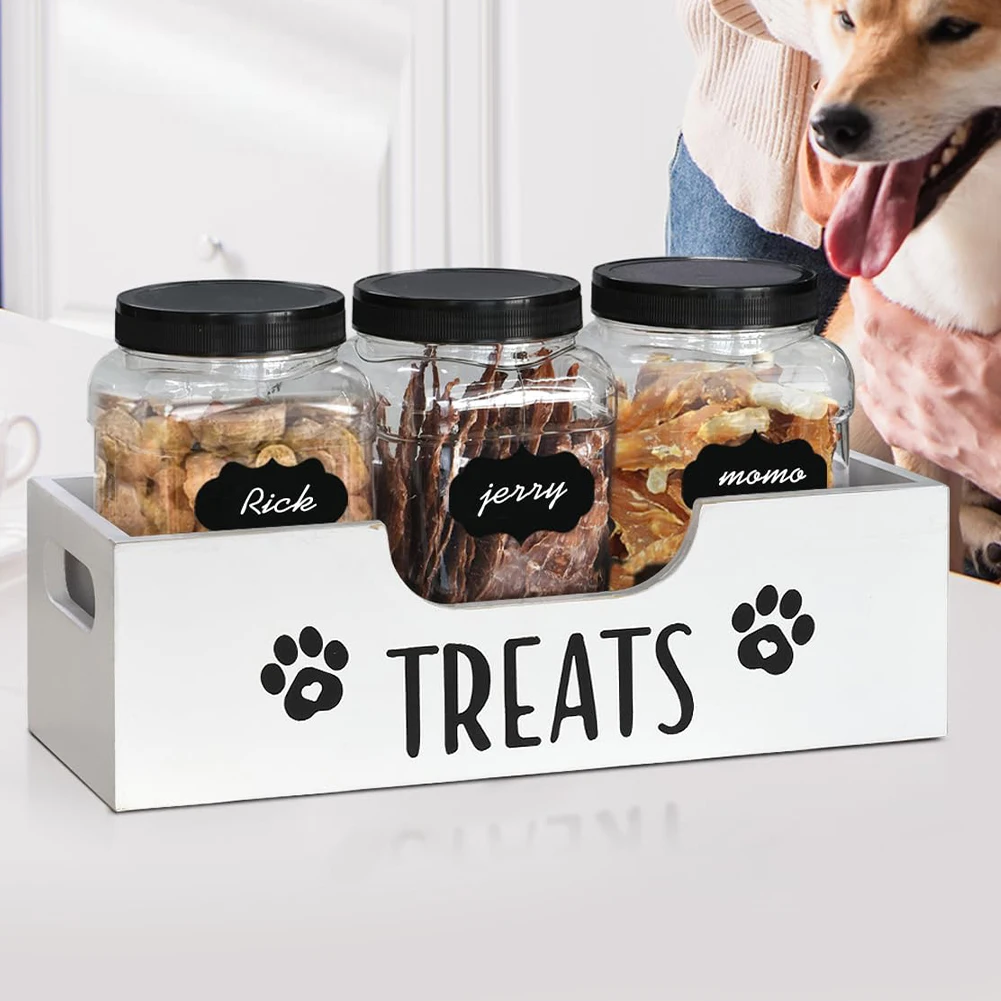 

Wooden Pet Snack Storage Box with Plastic Treat Jar Food Storage Holder (White)