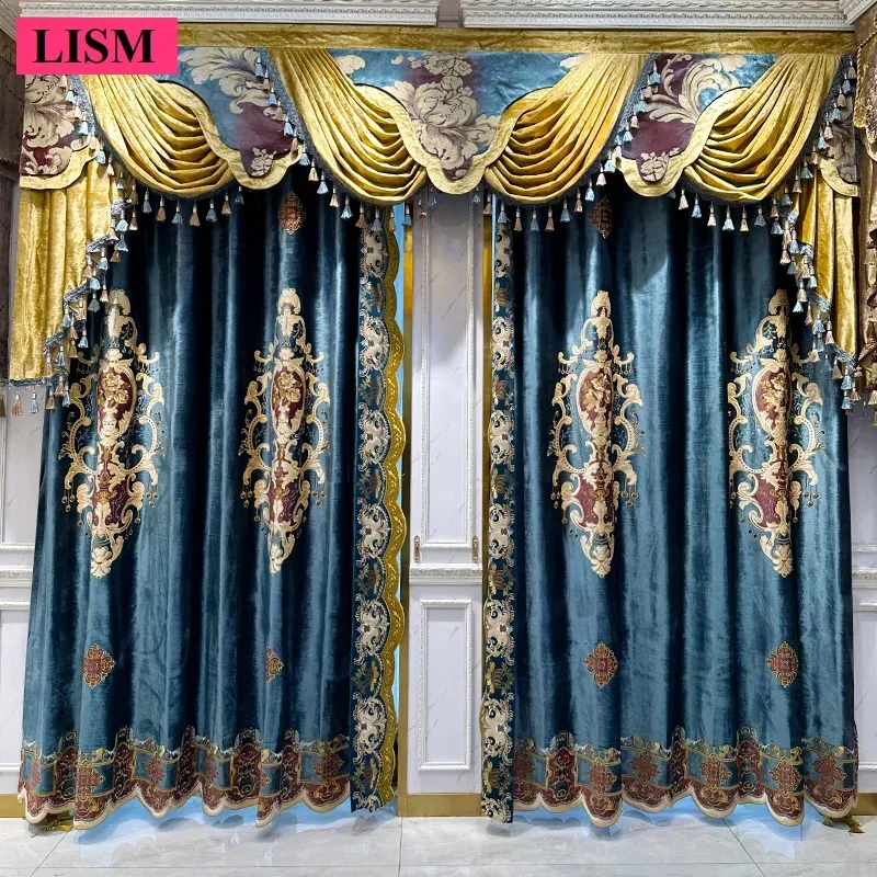 Custom European Velvet Blue Curtains for Living Room Bedroom Villa Jacquard Valance Blackout Luxury Decor Embroidered Lace Tulle