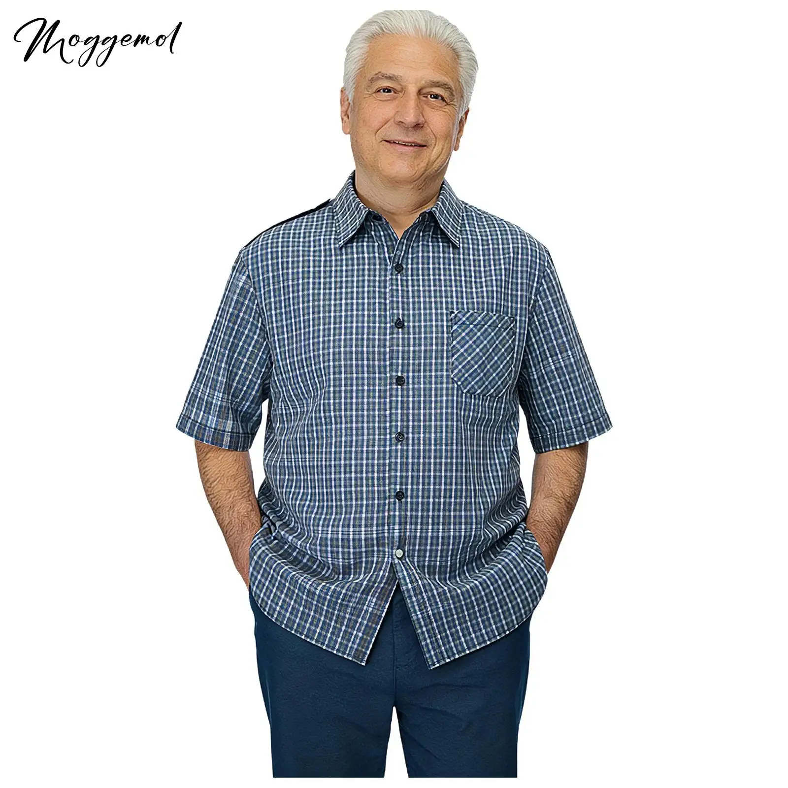 Mens Alzheimer Elderly Short Sleeve Adaptive T-shirt Open Back with Full Back Overlap Front Button-down Timeless Plaid Shirt