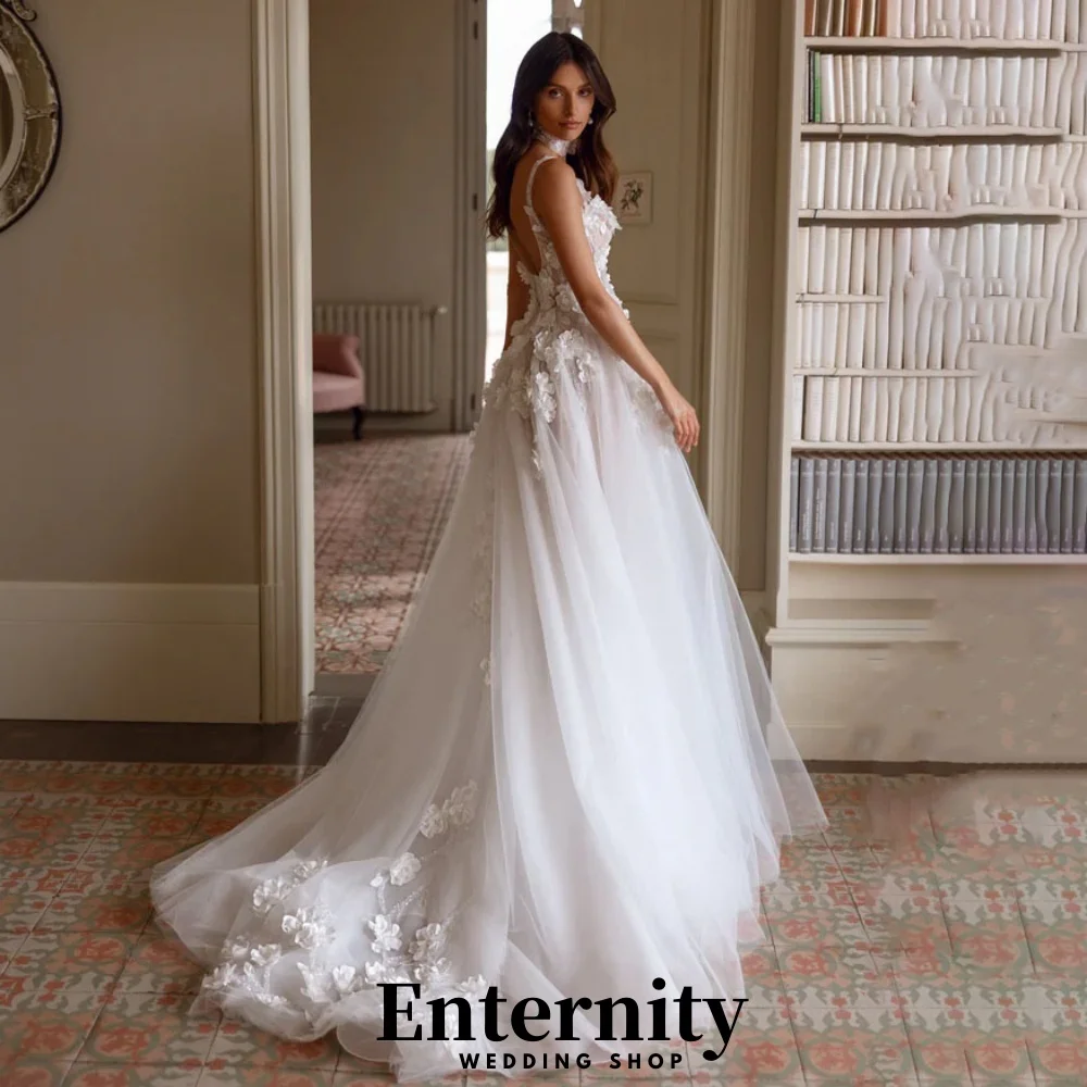 Vestidos de casamento com zíper personalizado, decote em v, sem mangas, para mulheres, charmoso, simples, renda, apliques, vestidos de noiva