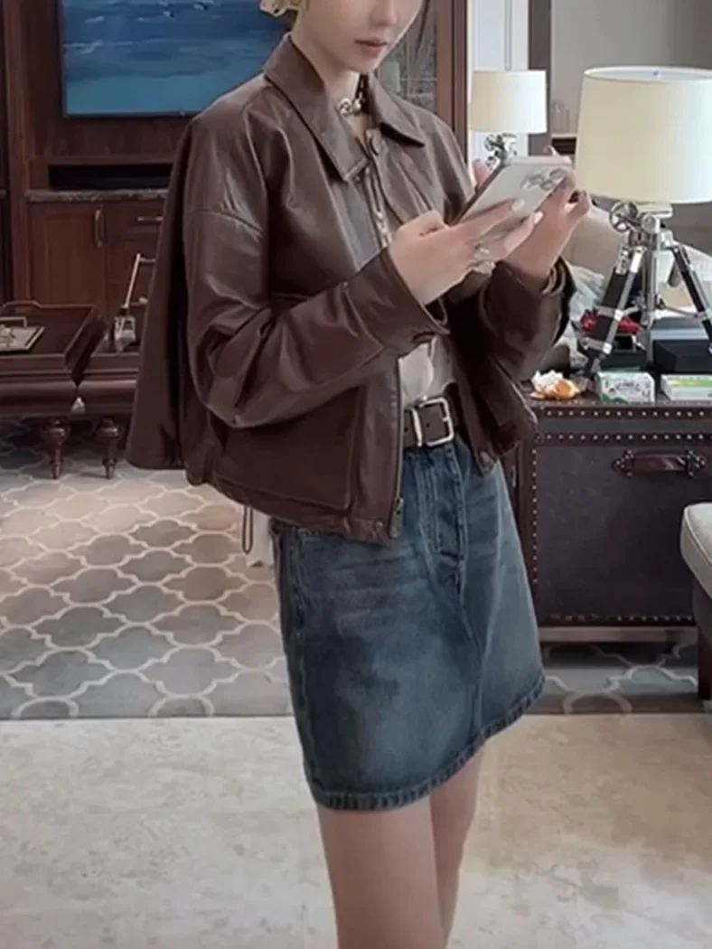 陳夫人 2024年春新作 レトロ 多用途 本革 ジャケット レディース コート ウエストマーク アウターウェア