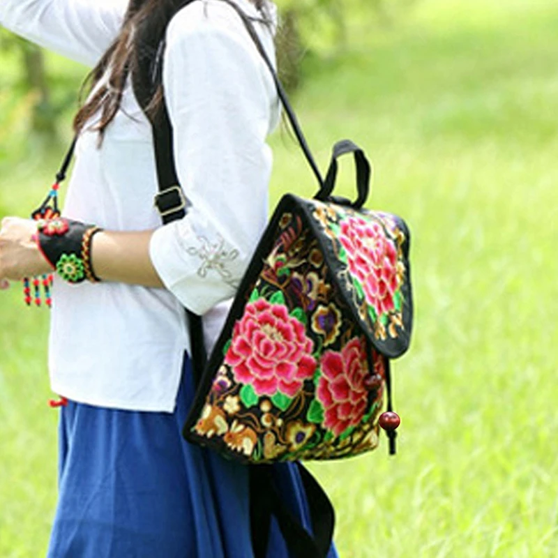 Vintage Artistieke Geborduurde Vrouwen Canvas Rugzakken Handgemaakte Bloemenborduurwerk Rugzak Schooltas Denim Reistassen Mochila