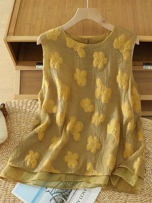 

Женский вышитый жилет Ele: свободный, легкий, дышащий топ больших размеров прямого кроя для повседневной носки летом